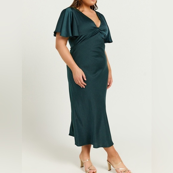 Showpo. AMARTINA MIDI V NECK TWIST BODICE FLUTTER SLEEVE DRESS FOREST GREEN NWT - Picture 4 of 16